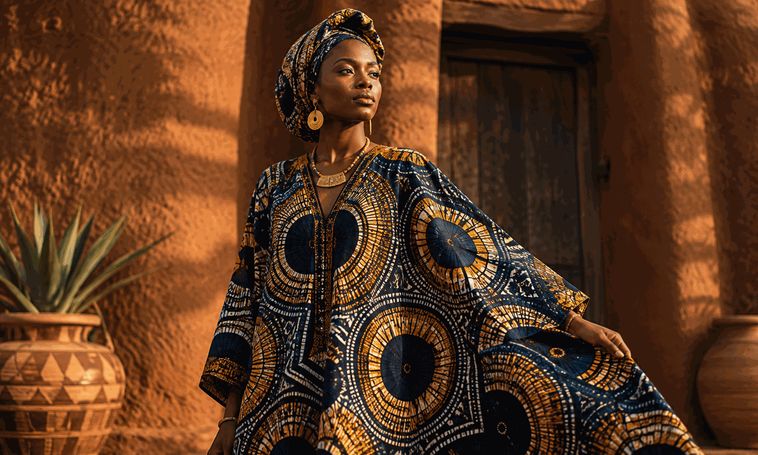 Woman in flowing African-print kaftan